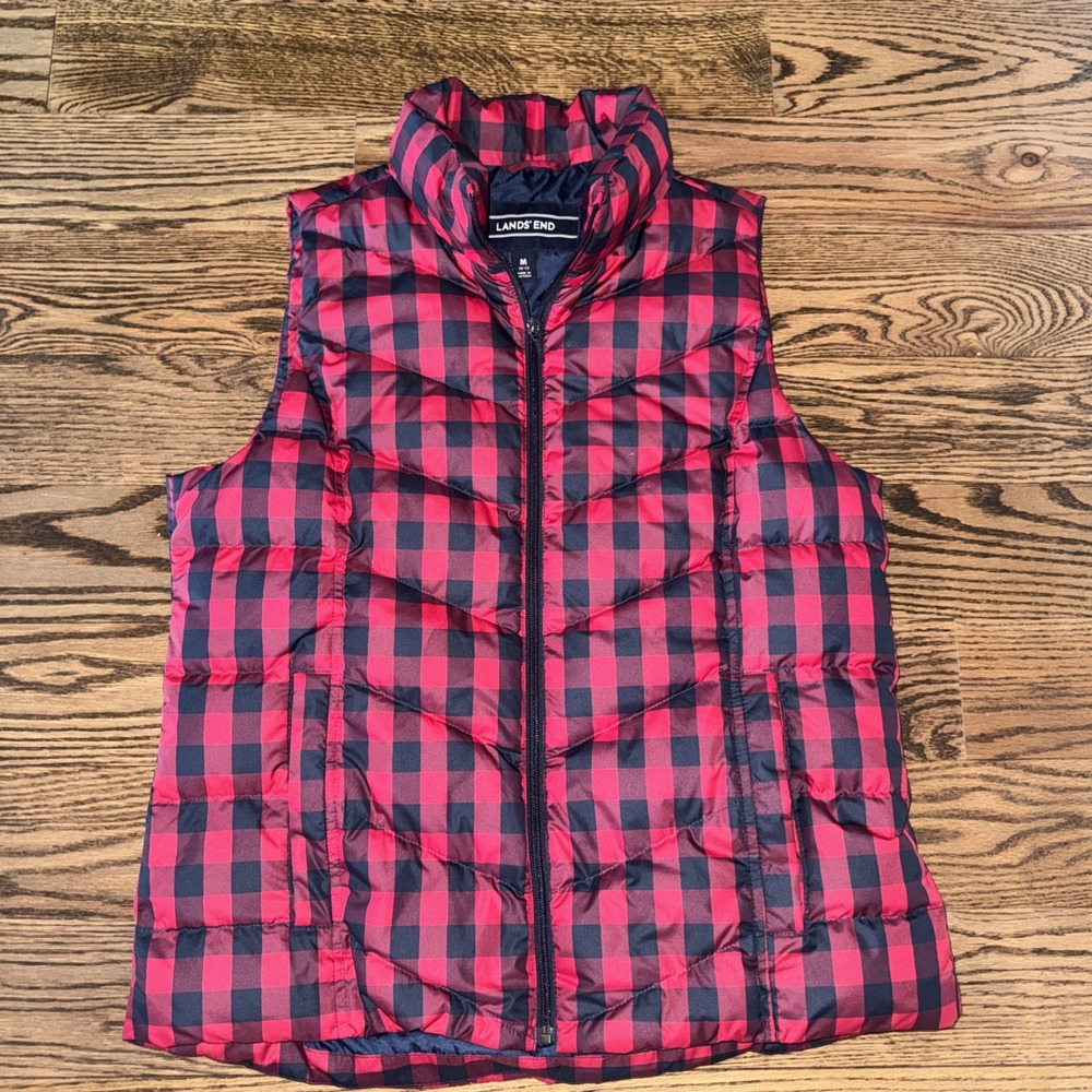 Lands' End Down Puffer Vest Women's Medium 10-12 Buffalo Plaid Red Navy